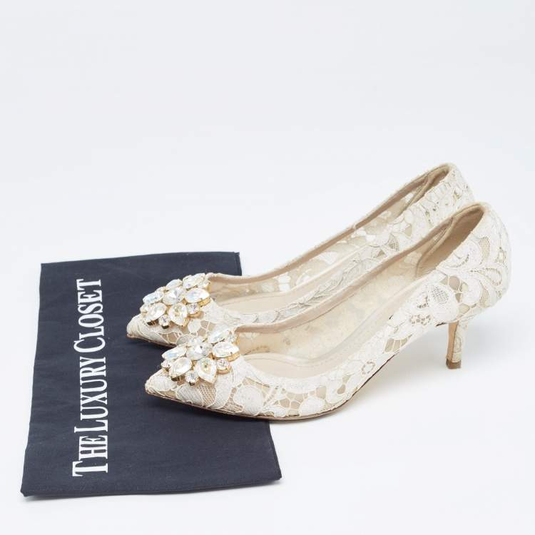 Pre Owned Dolce & Gabbana White Lace Crystal Embellished Taormina Pumps Size 36.5