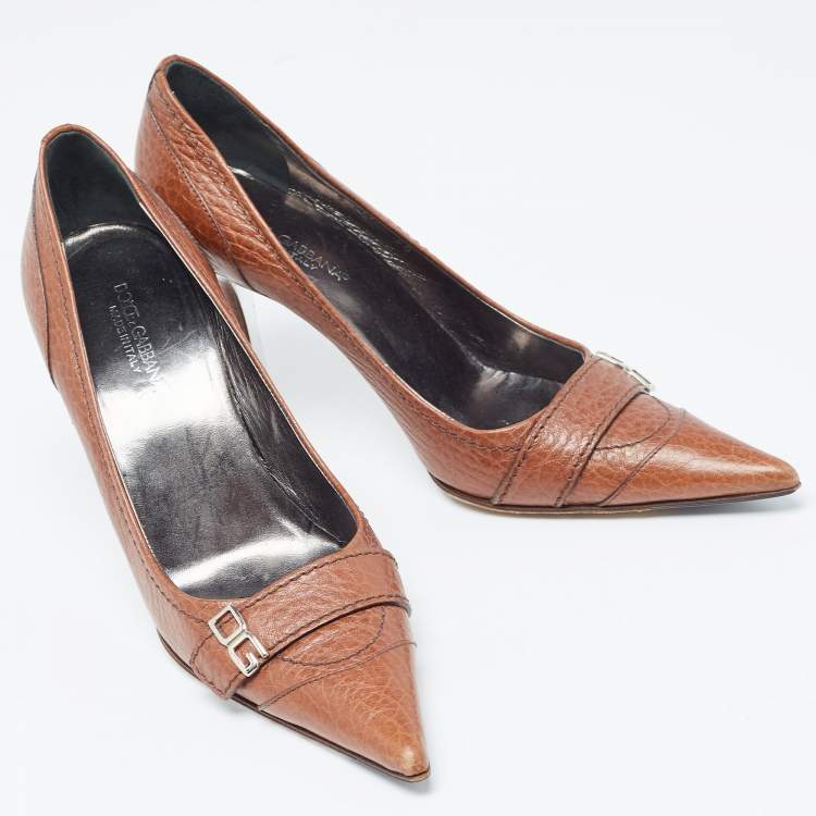 Pre Owned Dolce & Gabbana Brown Leather DG Buckle Detail Pointed Toe Pumps Size 38