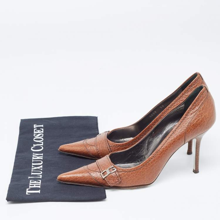 Pre Owned Dolce & Gabbana Brown Leather DG Buckle Detail Pointed Toe Pumps Size 38