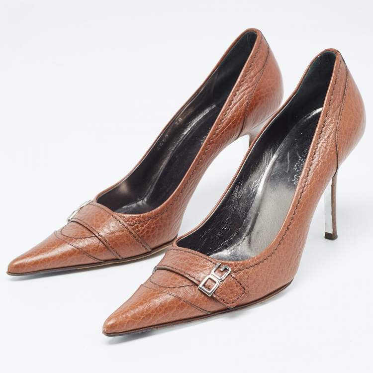 Pre Owned Dolce & Gabbana Brown Leather DG Buckle Detail Pointed Toe Pumps Size 38