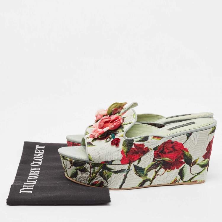 Pre Owned Dolce & Gabbana Light Green Rose Print Canvas Embellished Flower Applique Wedge Slide Sandals Size 39