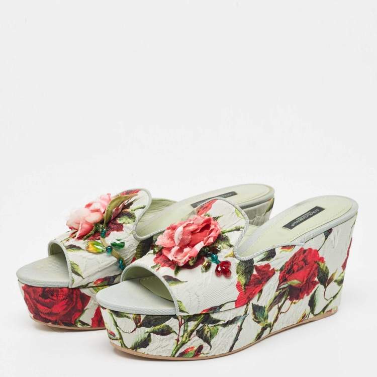 Dolce & Gabbana Light Green Rose Print Canvas Embellished