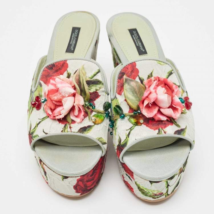 Pre Owned Dolce & Gabbana Light Green Rose Print Canvas Embellished Flower Applique Wedge Slide Sandals Size 39