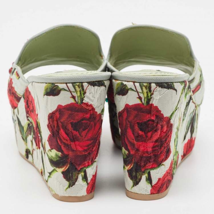 Pre Owned Dolce & Gabbana Light Green Rose Print Canvas Embellished Flower Applique Wedge Slide Sandals Size 39