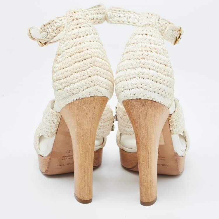 Pre Owned Dolce & Gabbana White Woven Lace Crystal Embellished Ankle Strap Sandals Size 37