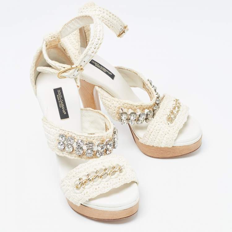 Pre Owned Dolce & Gabbana White Woven Lace Crystal Embellished Ankle Strap Sandals Size 37