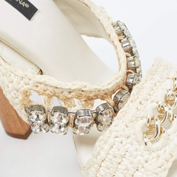 Pre Owned Dolce & Gabbana White Woven Lace Crystal Embellished Ankle Strap Sandals Size 37