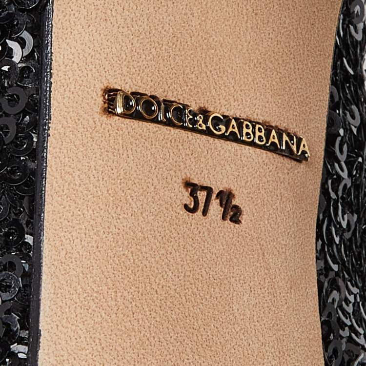 Pre Owned Dolce & Gabbana Black Sequins and Leather Block Heel Pumps Size 37.5