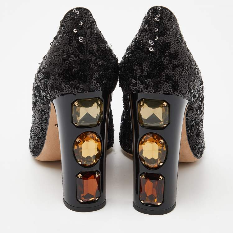Pre Owned Dolce & Gabbana Black Sequins and Leather Block Heel Pumps Size 37.5