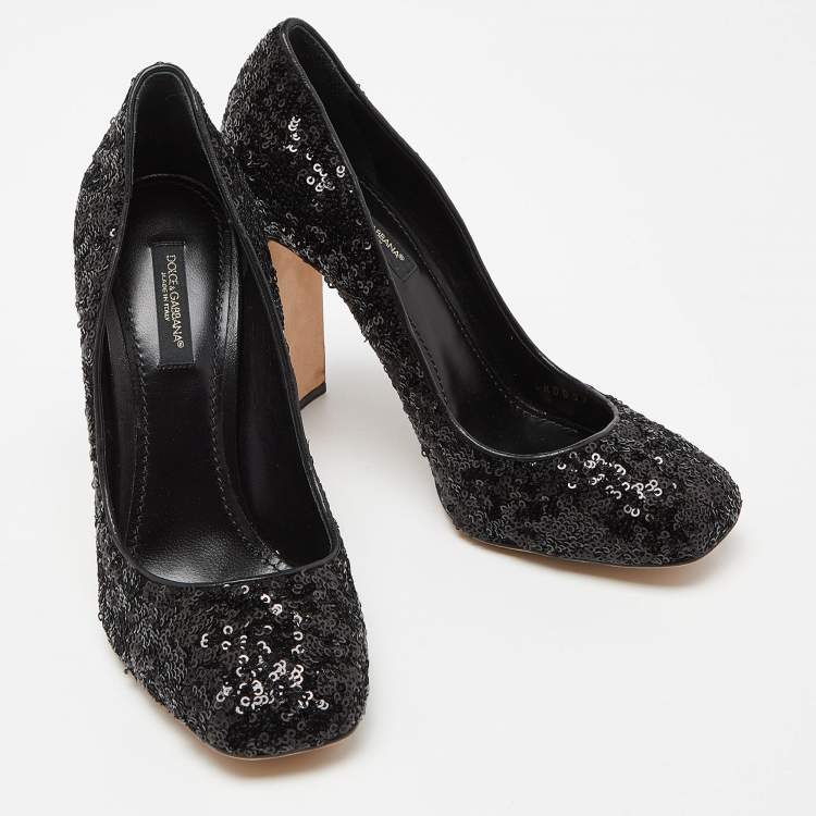 Pre Owned Dolce & Gabbana Black Sequins and Leather Block Heel Pumps Size 37.5