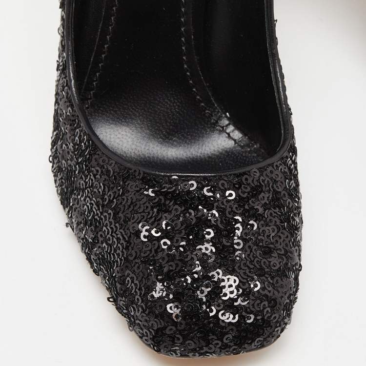 Pre Owned Dolce & Gabbana Black Sequins and Leather Block Heel Pumps Size 37.5