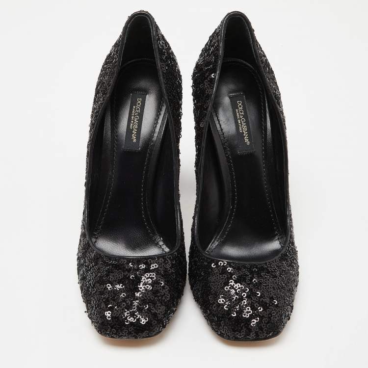 Pre Owned Dolce & Gabbana Black Sequins and Leather Block Heel Pumps Size 37.5