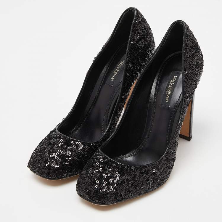 Pre Owned Dolce & Gabbana Black Sequins and Leather Block Heel Pumps Size 37.5
