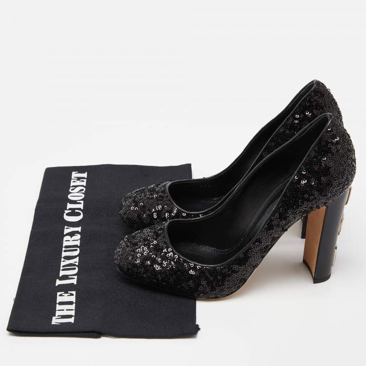 Pre Owned Dolce & Gabbana Black Sequins and Leather Block Heel Pumps Size 37.5