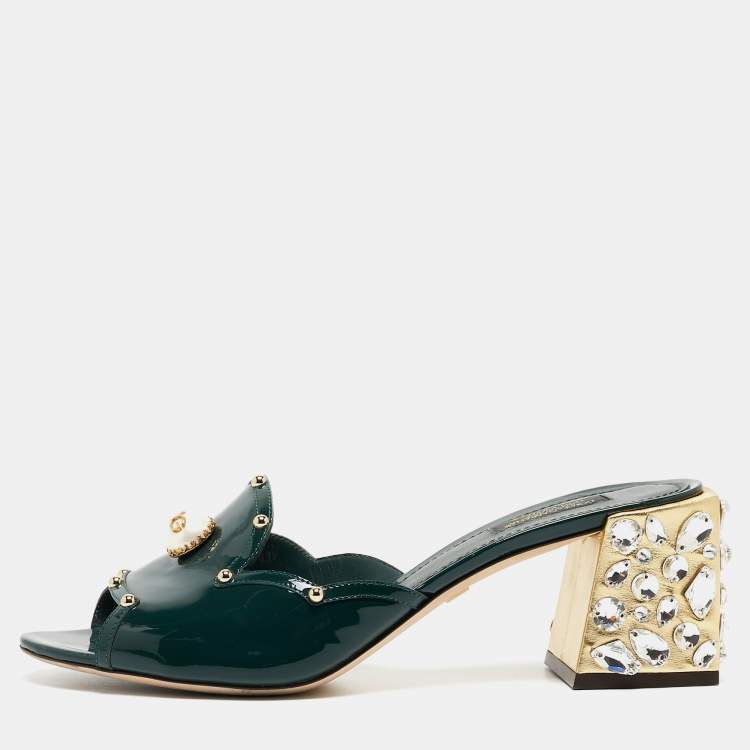 مملوكة مسبقًا Dolce & Gabbana Dark Green Patent Leather Crystal Embellished Slide Sandals Size 41