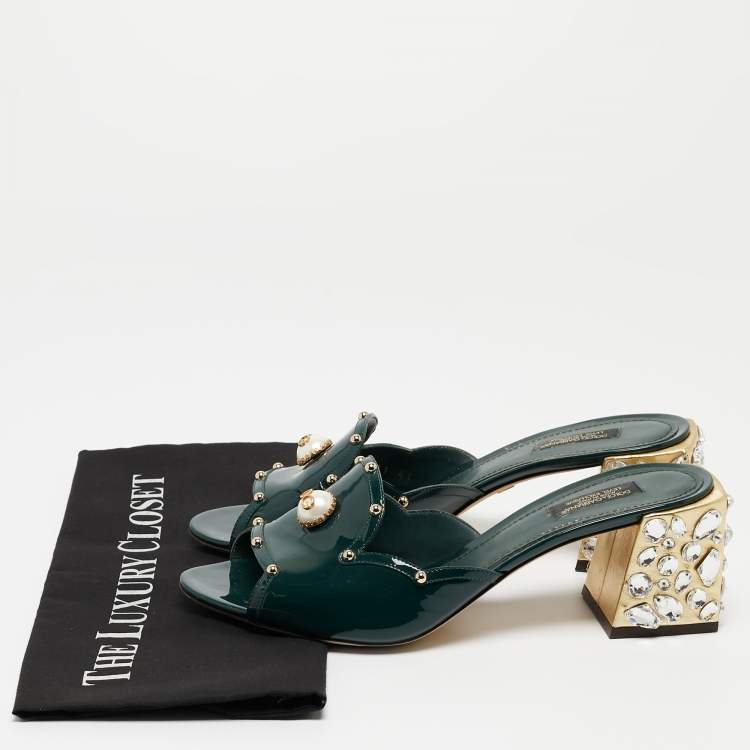 مملوكة مسبقًا Dolce & Gabbana Dark Green Patent Leather Crystal Embellished Slide Sandals Size 41