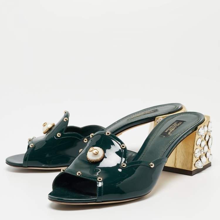 مملوكة مسبقًا Dolce & Gabbana Dark Green Patent Leather Crystal Embellished Slide Sandals Size 41