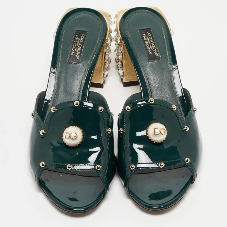 مملوكة مسبقًا Dolce & Gabbana Dark Green Patent Leather Crystal Embellished Slide Sandals Size 41
