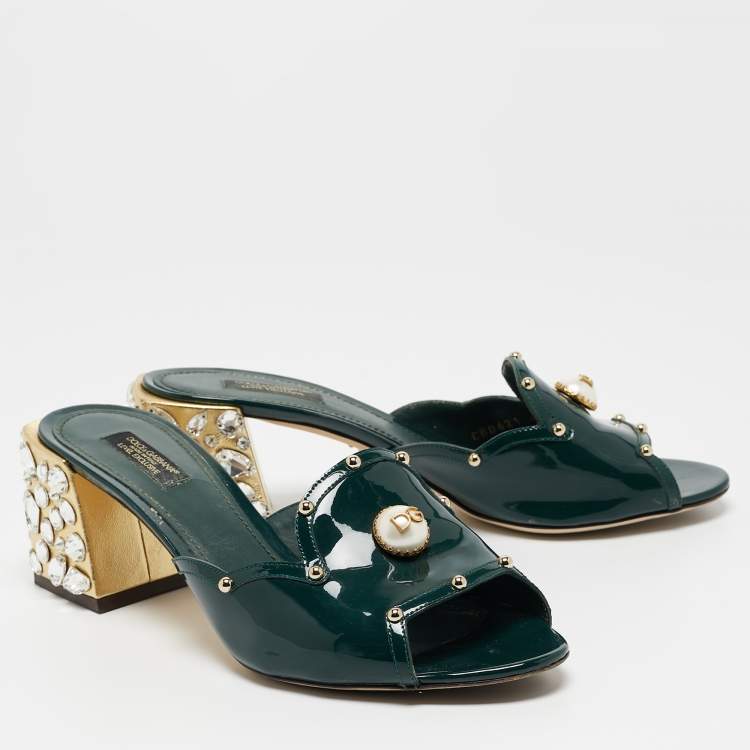 مملوكة مسبقًا Dolce & Gabbana Dark Green Patent Leather Crystal Embellished Slide Sandals Size 41