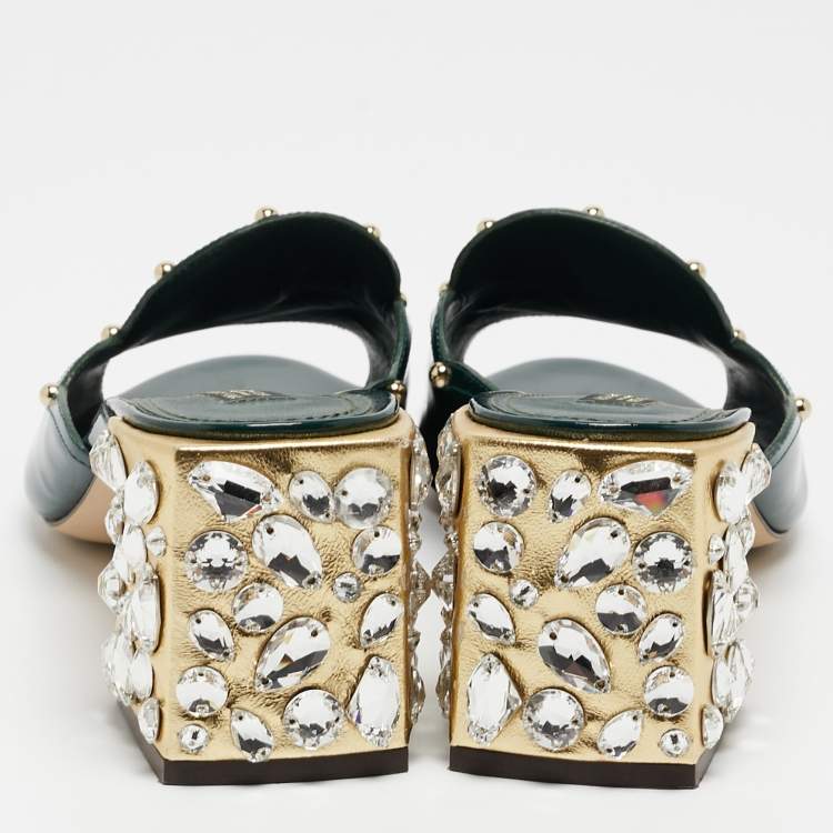 مملوكة مسبقًا Dolce & Gabbana Dark Green Patent Leather Crystal Embellished Slide Sandals Size 41