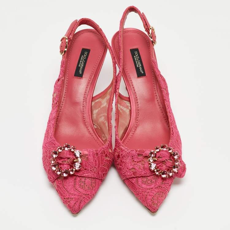 Pre Owned Dolce & Gabbana Pink Lace and Mesh Slingback Pumps Size 40