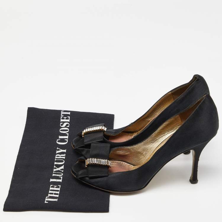 Pre Owned Dolce & Gabbana Black Satin Crystal Embellished Peep Toe Pumps Size 37.5