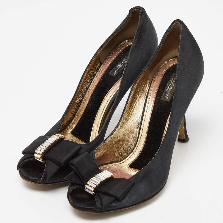 Pre Owned Dolce & Gabbana Black Satin Crystal Embellished Peep Toe Pumps Size 37.5