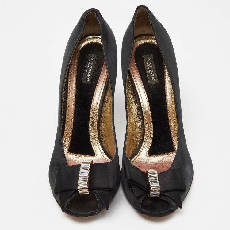 Pre Owned Dolce & Gabbana Black Satin Crystal Embellished Peep Toe Pumps Size 37.5
