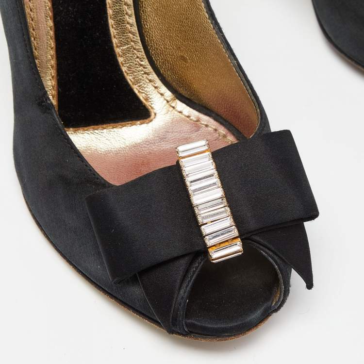 Pre Owned Dolce & Gabbana Black Satin Crystal Embellished Peep Toe Pumps Size 37.5