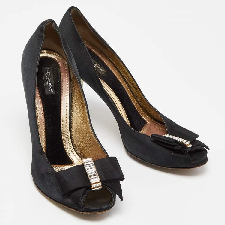 Pre Owned Dolce & Gabbana Black Satin Crystal Embellished Peep Toe Pumps Size 37.5