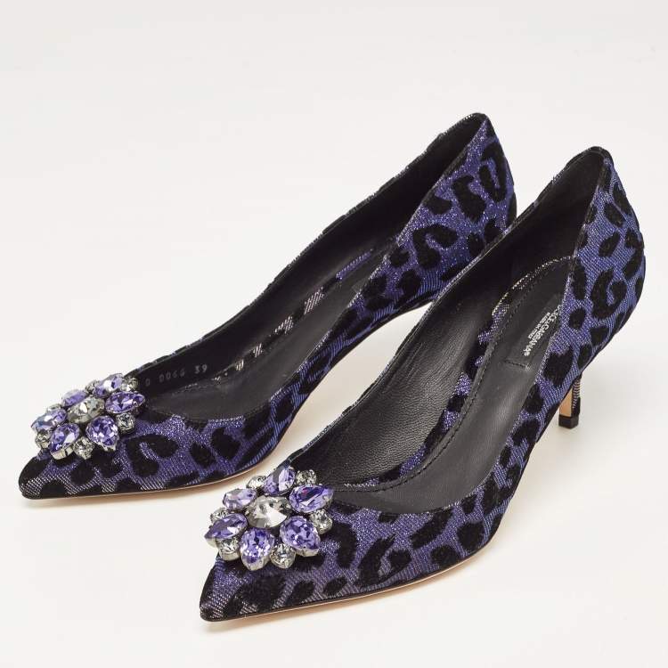 Pre Owned Dolce & Gabbana Black/Purple Glitter Fabric Bellucci Crystal Embellished Pointed Toe Pumps Size 39
