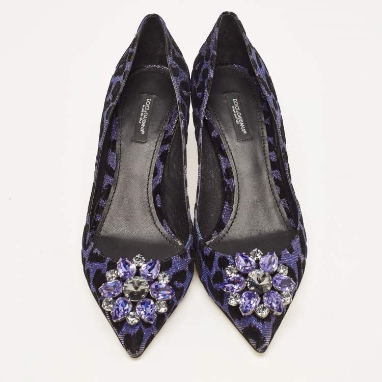 Pre Owned Dolce & Gabbana Black/Purple Glitter Fabric Bellucci Crystal Embellished Pointed Toe Pumps Size 39