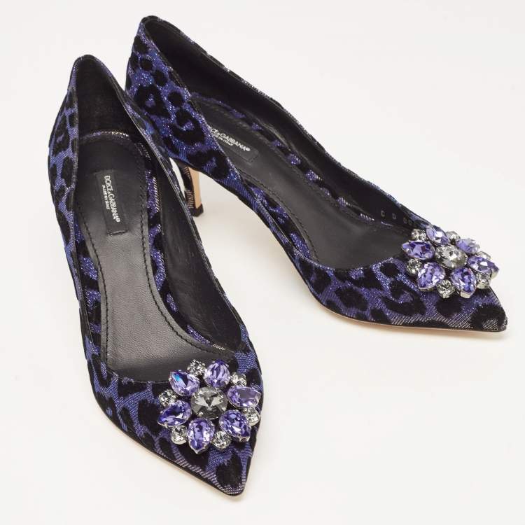 Pre Owned Dolce & Gabbana Black/Purple Glitter Fabric Bellucci Crystal Embellished Pointed Toe Pumps Size 39