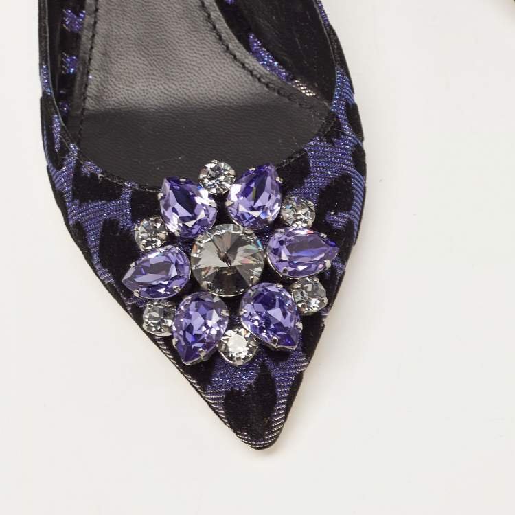 Pre Owned Dolce & Gabbana Black/Purple Glitter Fabric Bellucci Crystal Embellished Pointed Toe Pumps Size 39