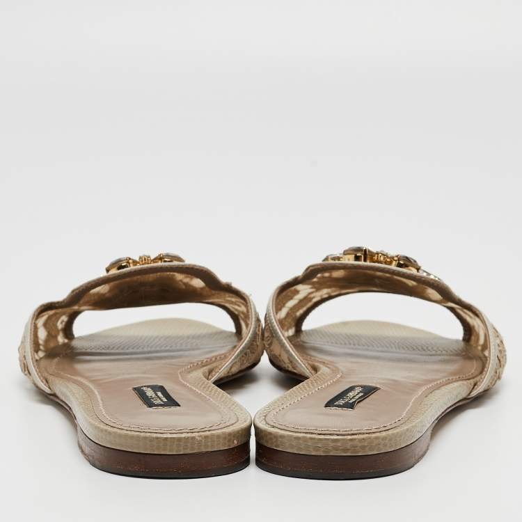 مملوكة مسبقًا Dolce & Gabbana Silver/Beige Lace and Mesh Flat Slides Size 39.5