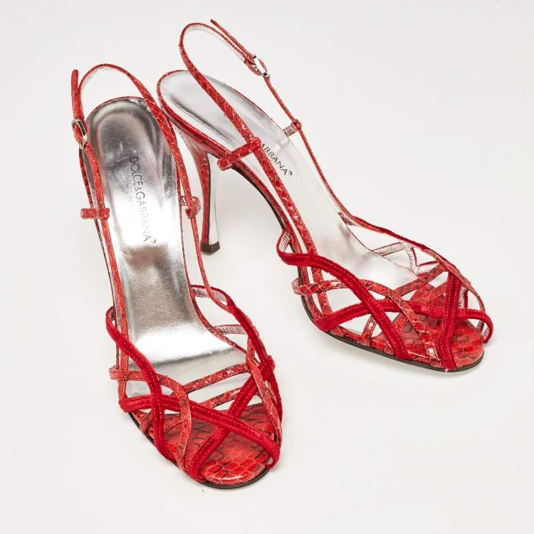 Pre Owned Dolce & Gabbana Red Python Leather Ankle Strap Sandals Size 39