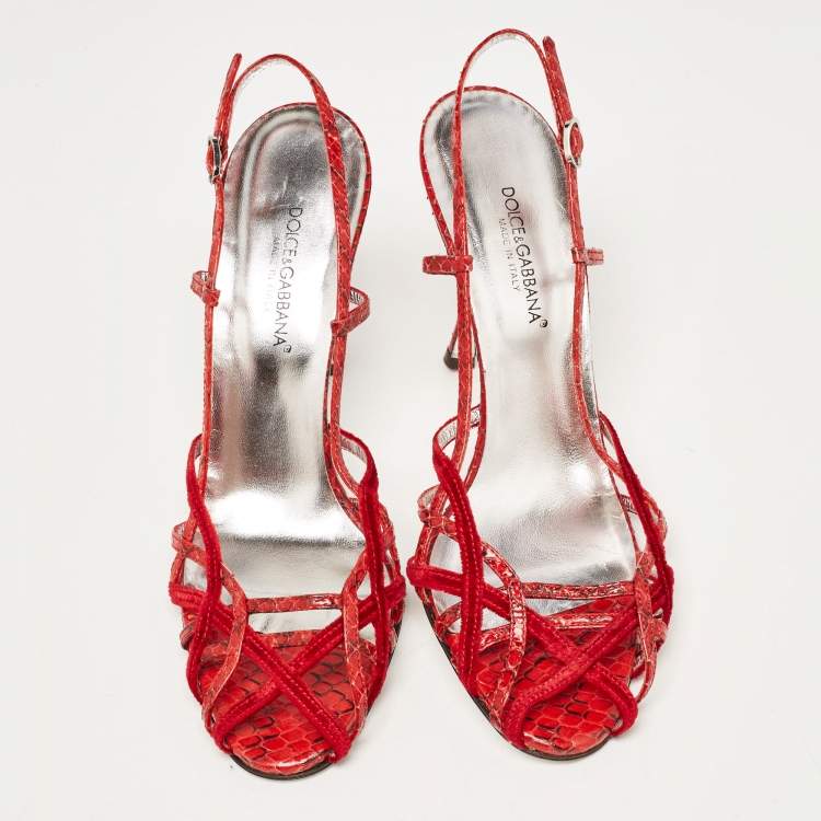 Pre Owned Dolce & Gabbana Red Python Leather Ankle Strap Sandals Size 39