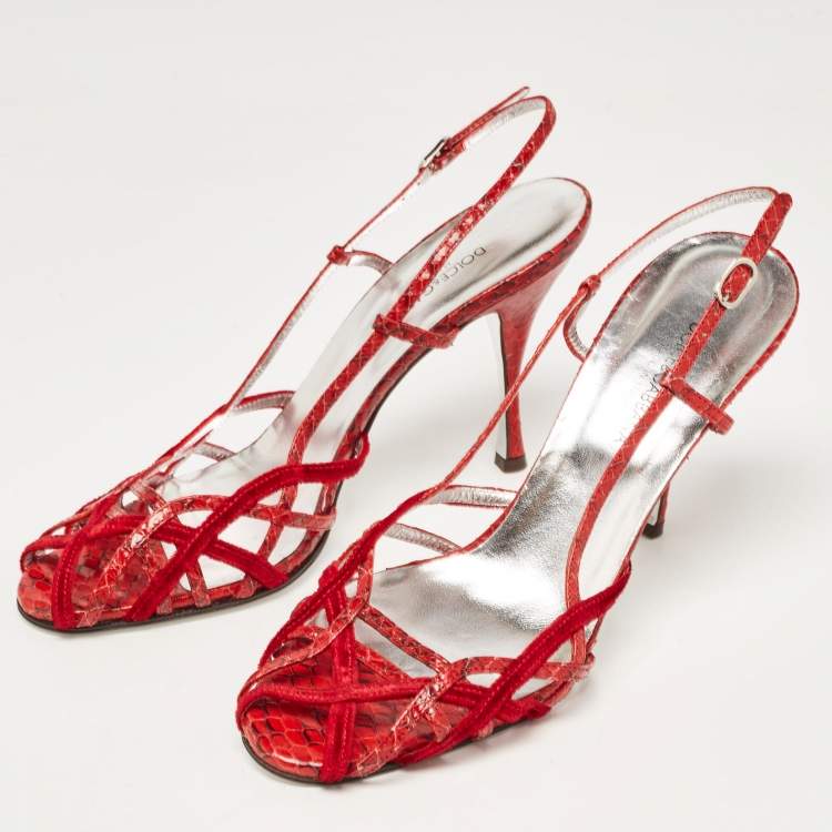 Pre Owned Dolce & Gabbana Red Python Leather Ankle Strap Sandals Size 39
