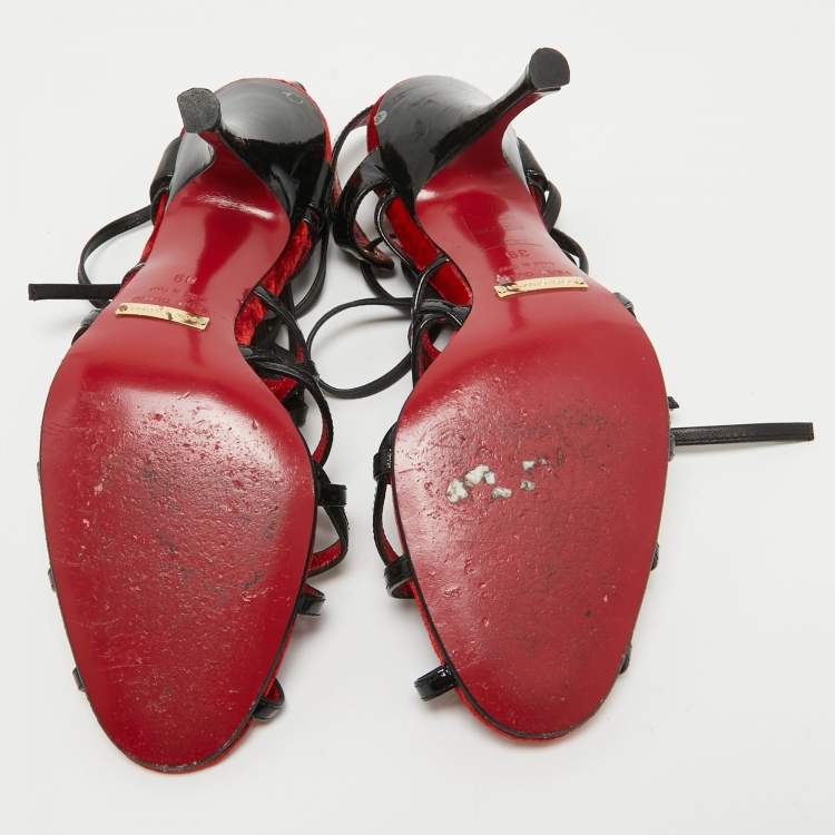 Pre Owned Dolce & Gabbana Red/Black Patent and Leather Lace Up Sandals Size 39