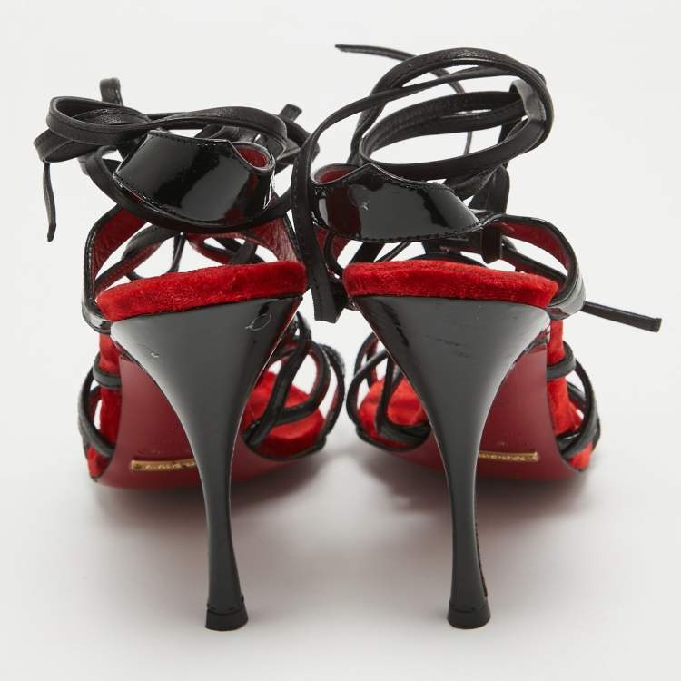 Pre Owned Dolce & Gabbana Red/Black Patent and Leather Lace Up Sandals Size 39
