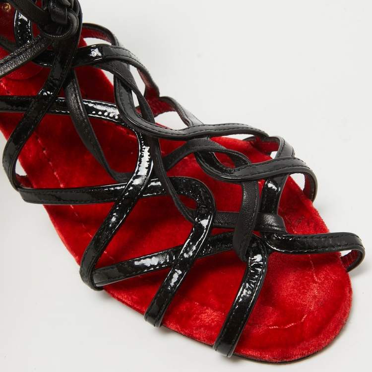 Pre Owned Dolce & Gabbana Red/Black Patent and Leather Lace Up Sandals Size 39