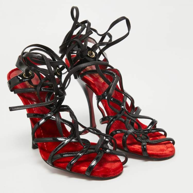 Pre Owned Dolce & Gabbana Red/Black Patent and Leather Lace Up Sandals Size 39
