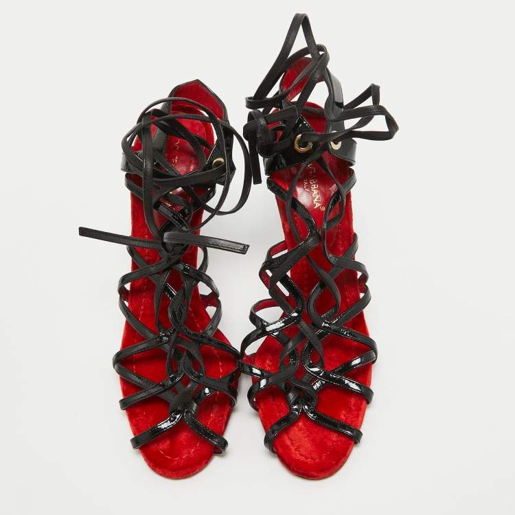Pre Owned Dolce & Gabbana Red/Black Patent and Leather Lace Up Sandals Size 39