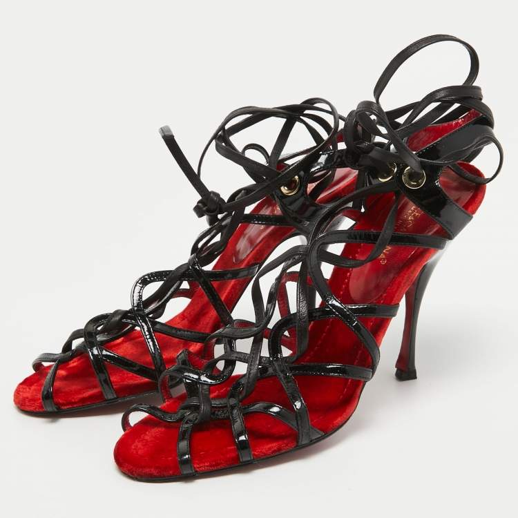 Pre Owned Dolce & Gabbana Red/Black Patent and Leather Lace Up Sandals Size 39
