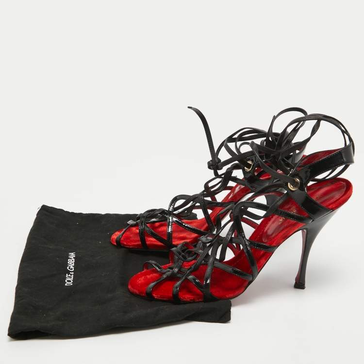 Pre Owned Dolce & Gabbana Red/Black Patent and Leather Lace Up Sandals Size 39