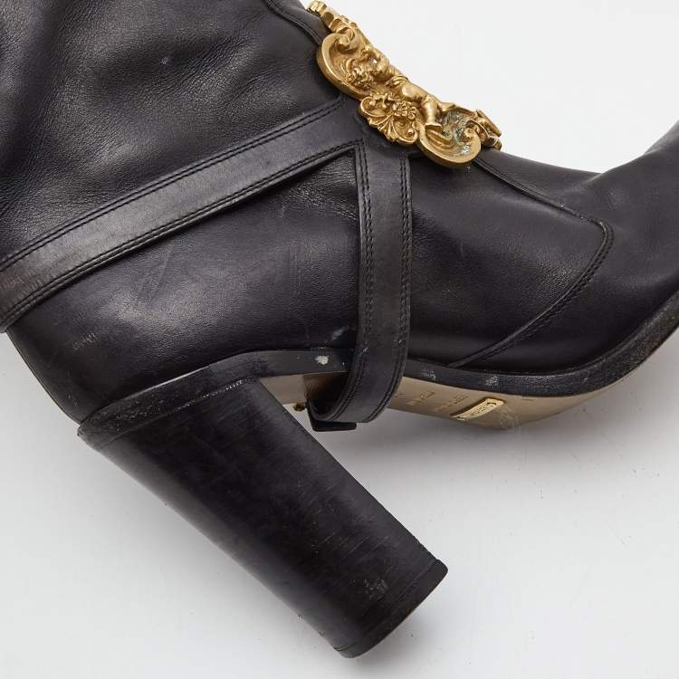 Pre Owned Dolce & Gabbana Black Leather Flower Embellished Knee Length  Boots Size 39