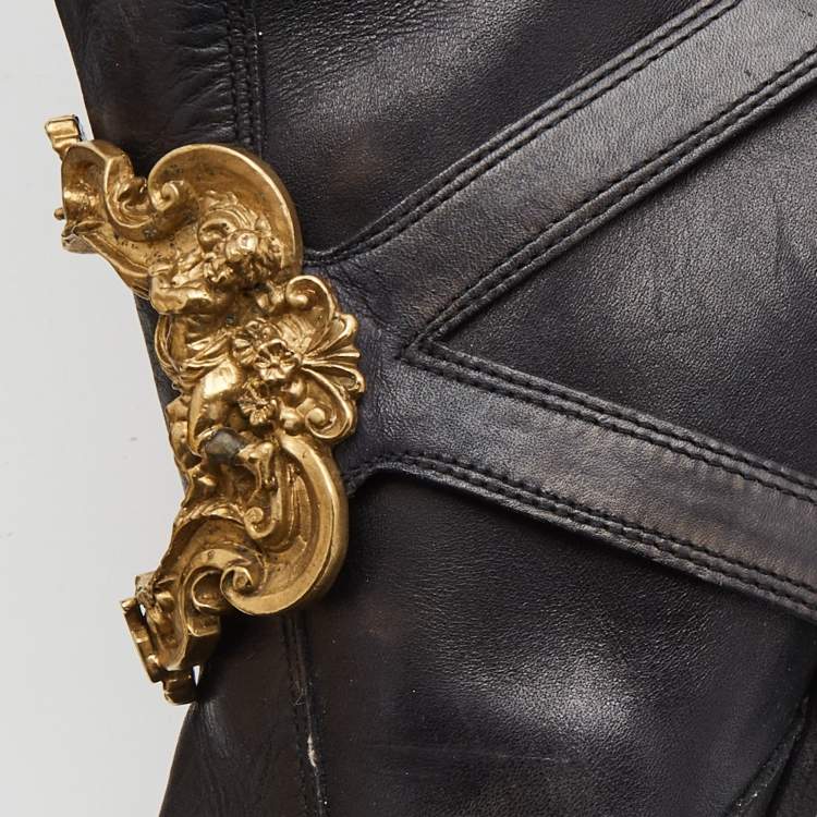 Pre Owned Dolce & Gabbana Black Leather Flower Embellished Knee Length  Boots Size 39
