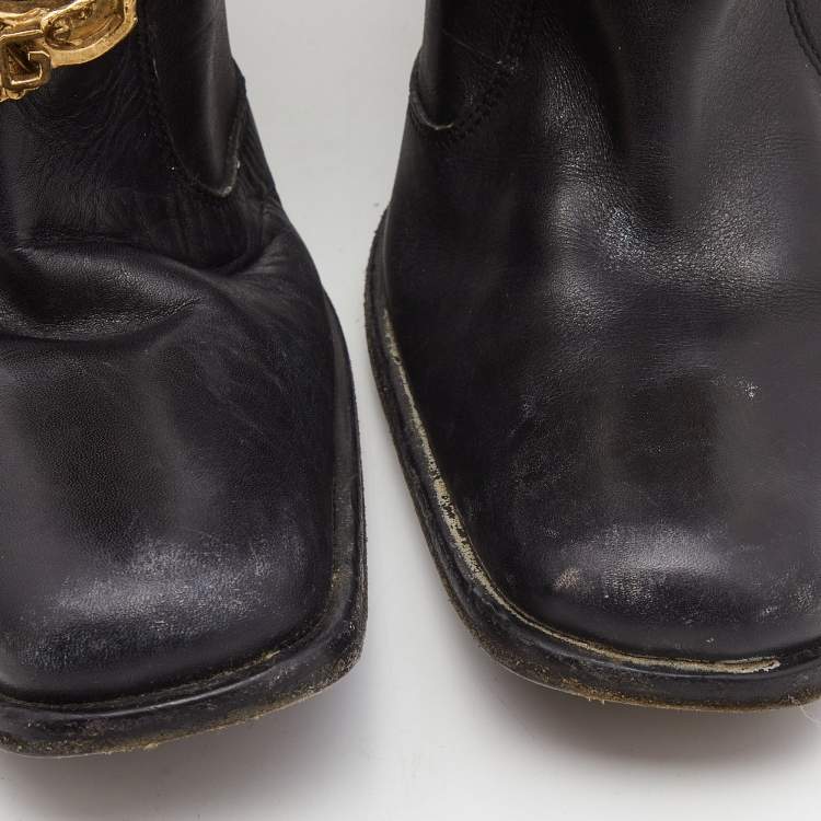 Pre Owned Dolce & Gabbana Black Leather Flower Embellished Knee Length  Boots Size 39