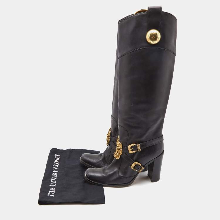 Pre Owned Dolce & Gabbana Black Leather Flower Embellished Knee Length  Boots Size 39