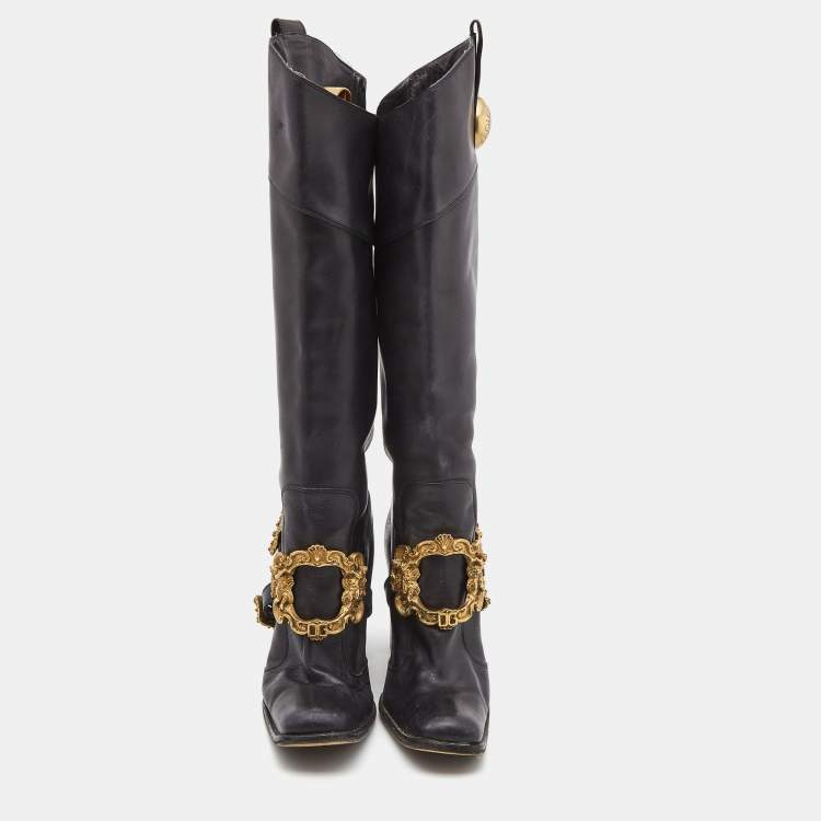 Pre Owned Dolce & Gabbana Black Leather Flower Embellished Knee Length  Boots Size 39